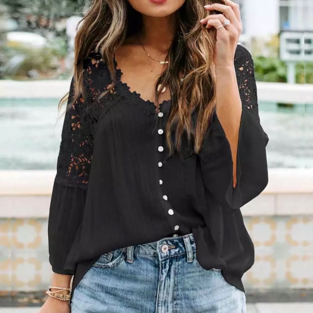 SOLD OUT Black Boho Crochet Lace Button Up Blouse Top - Picture 1 of 5